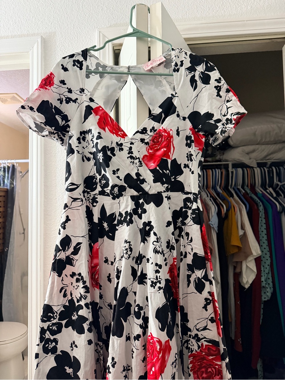 Women’s White Midi Dress with Black Floral & Red Rose Accents